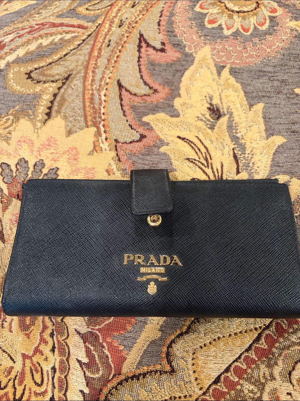 Prada Black Saffiano Leather Snap Wallet with Gold Logo
